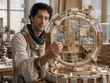 Anonymous synthetic reality evidence conservator examining translucent media fragments inside a handcrafted validation frame in a bright civic verification workshop.
