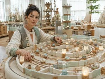 Anonymous AI governance steward organizing abstract task vessels inside a handcrafted circular orchestration frame in a bright civic workshop.