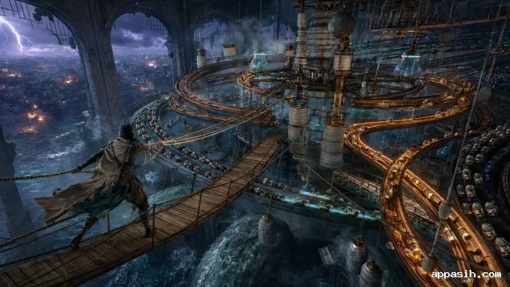 Compute Commons Grid Steward crossing a suspended bridge and redirecting AI workloads through a monumental handcrafted power-allocation system during a violent heat storm in an abandoned turbine hall.