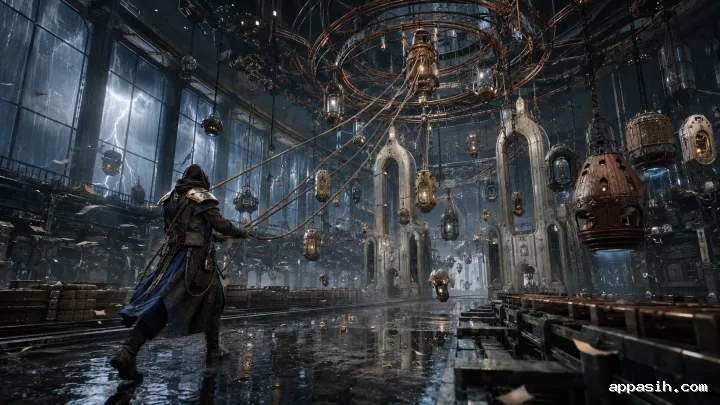 Identity notary pulling control lines to quarantine unauthorized autonomous agent vessels inside a vast storm-lit industrial authorization hall.