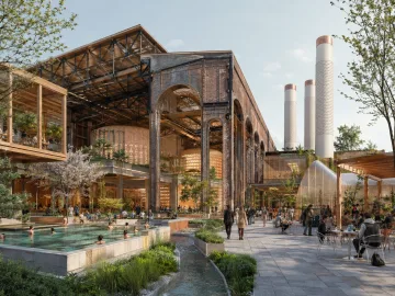 Adapted industrial power station transformed into a timber-and-glass civic complex with thermal pools, gardens, greenhouses, planted terraces, and public gathering spaces powered by recovered computational heat.