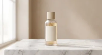 Minimal skincare bottle product mockup on a white marble surface with soft natural lighting