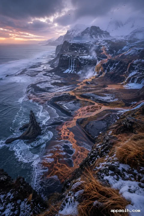 Elevated portrait view over braided geothermal streams crossing a black volcanic valley toward a stormy northern ocean at blue hour.