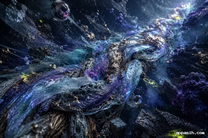 Immersive abstract microscopic canyon with a diagonal braided signal membrane made of frosted resin, woven fibers, ceramic textures, iridescent gel, and suspended fragments in deep blue and violet light.