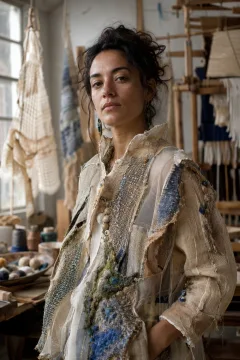 Portrait of a near-future textile artisan wearing a tactile layered privacy-conscious jacket inside a softly lit weaving studio.