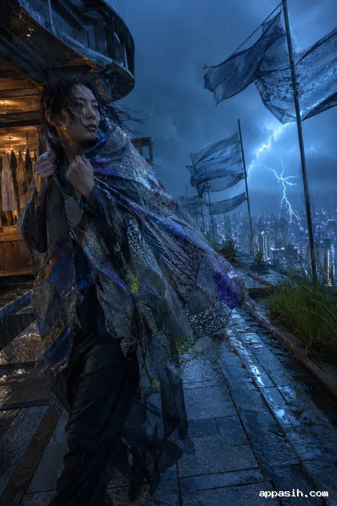 Cinematic portrait of a textile artisan testing a translucent algorithmic camouflage mantle on a rain-swept rooftop terrace at blue hour.