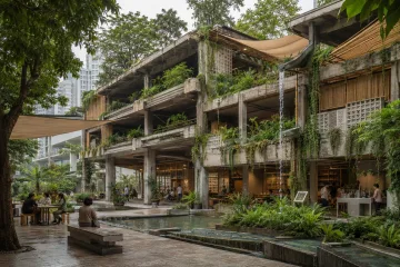 Adapted tropical parking structure transformed into a shaded civic cooling commons with bamboo screens, planted terraces, rain gardens, and public gathering areas.