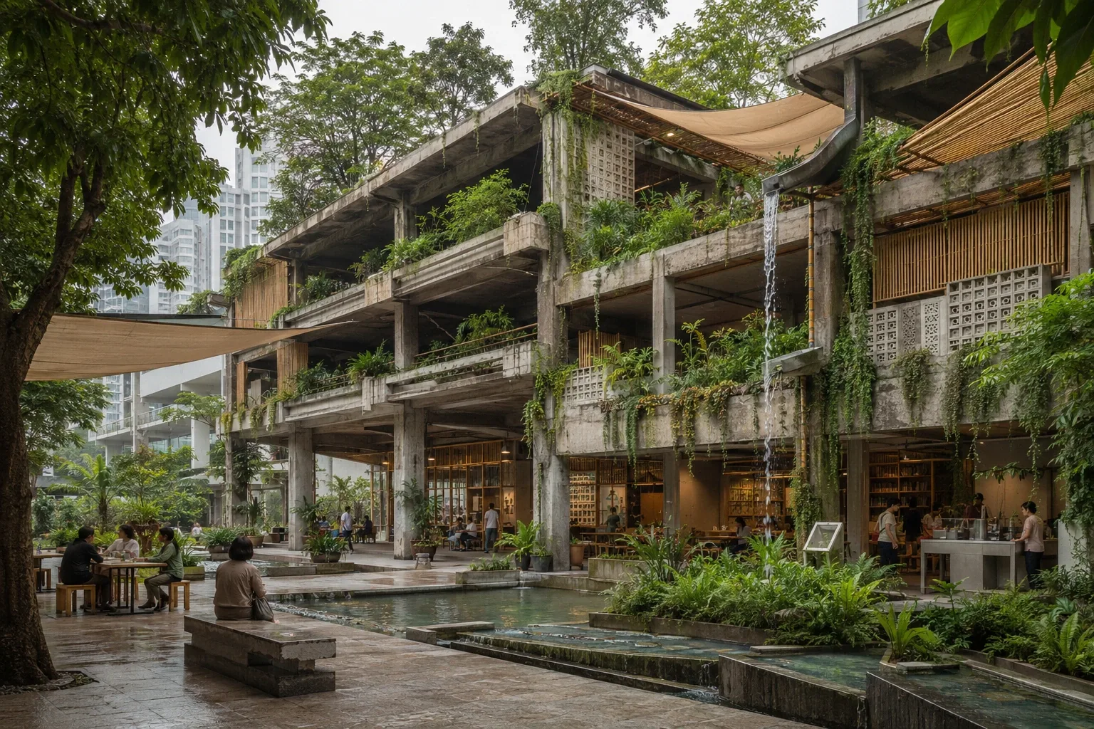 Adapted tropical parking structure transformed into a shaded civic cooling commons with bamboo screens, planted terraces, rain gardens, and public gathering areas.