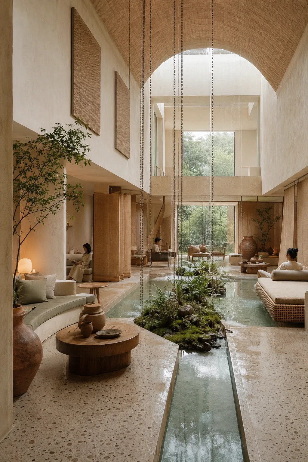 Interior vertikal sebuah lounge tropis restoratif dengan ruang hujan indoor, furnitur kayu melengkung, layar linen, tanaman pakis, dan saluran air batu dalam cahaya pagi lembut.