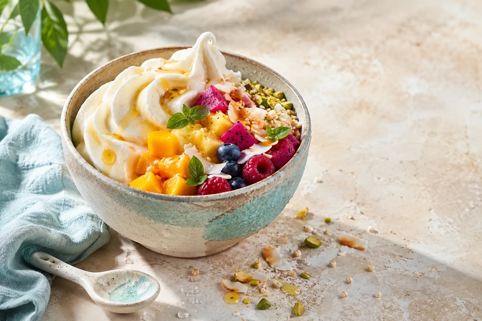 Creamy frozen yogurt topped with tropical fruit, toasted coconut, puffed grains, pistachios, basil leaves, and amber syrup on a bright stone table.
