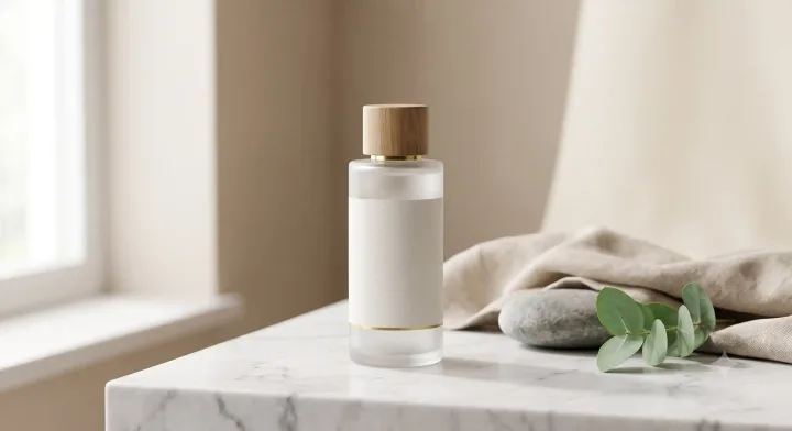Premium skincare bottle product mockup on marble with blank label and luxury cosmetic styling