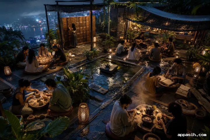 An elevated nighttime view of a rain-soaked rooftop social club where guests make pottery, bind journals, play games, prepare tea, and connect without electronic devices.