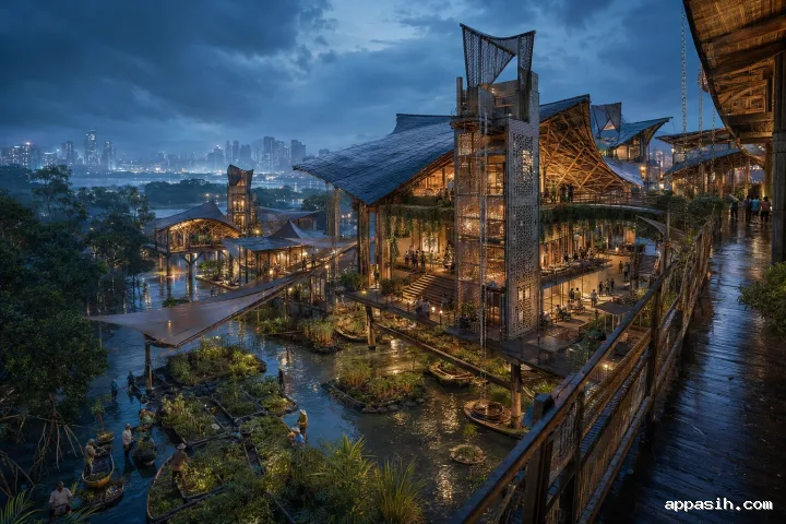Elevated timber knowledge forum spanning a rain-soaked mangrove estuary at blue hour with tidal pools, floodable terraces, suspended gardens, and glowing civic pavilions.