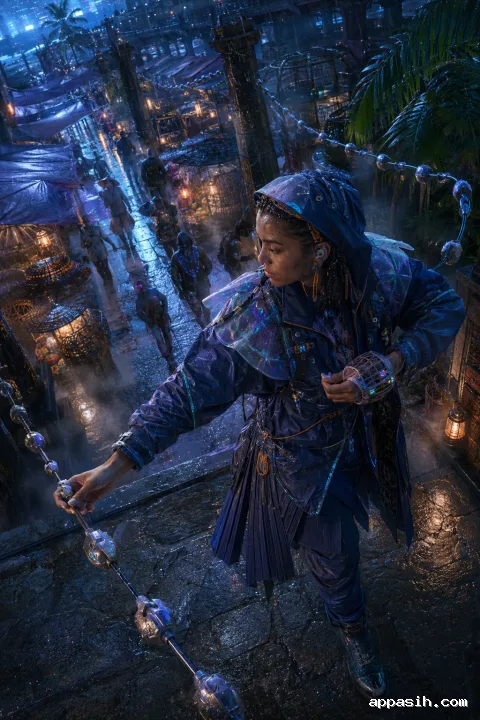 Cinematic consent cartographer deploying mineral-like privacy markers through a rain-soaked elevated night market.