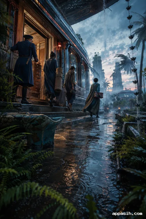 Three anonymous passengers leave a screen-free elevated tram at a flooded botanical station before sunrise after a tropical storm.