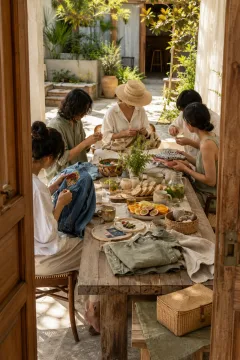 Five friends repairing clothes and sharing a homemade brunch around a wooden table in a sunlit tropical courtyard.