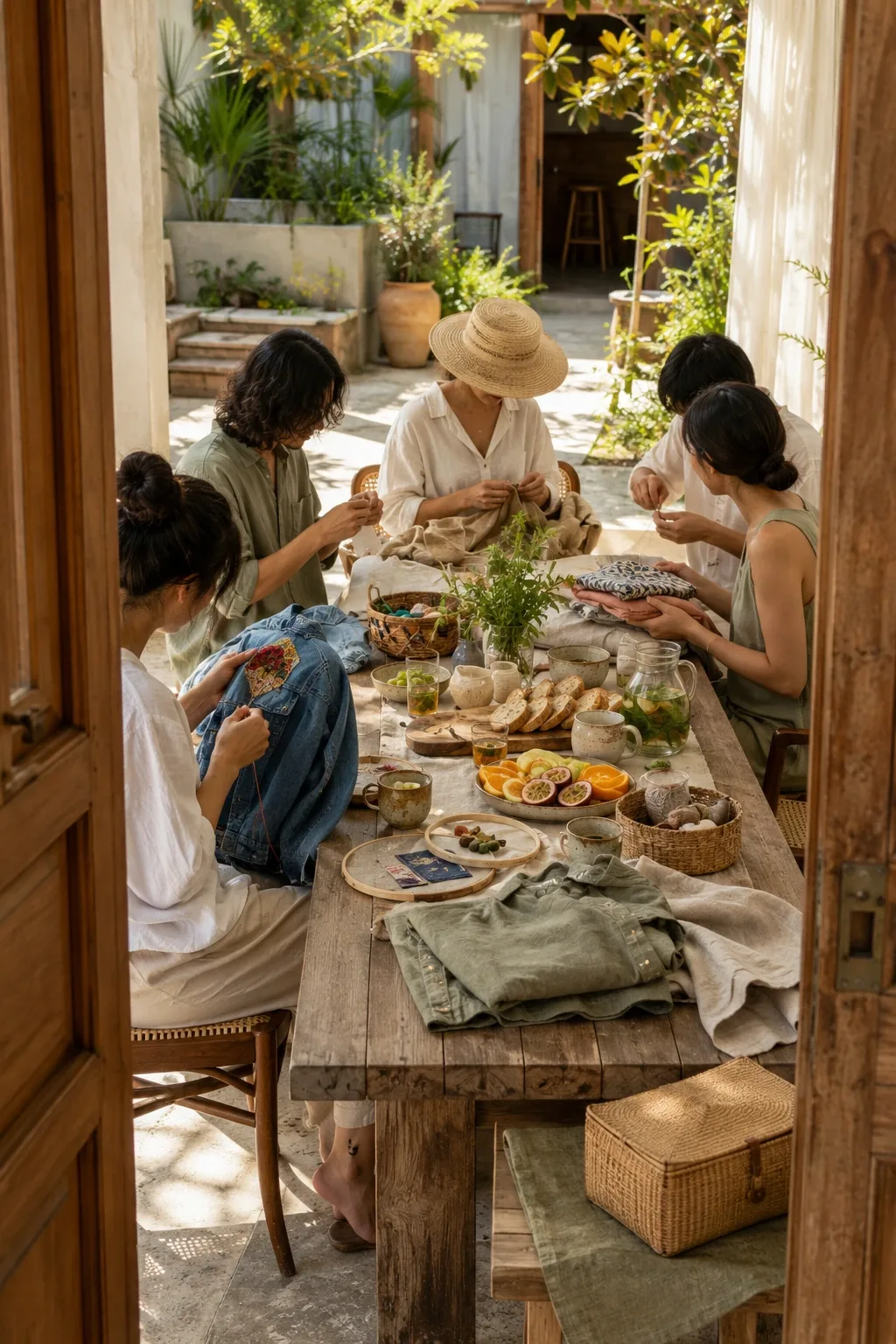 Five friends repairing clothes and sharing a homemade brunch around a wooden table in a sunlit tropical courtyard.