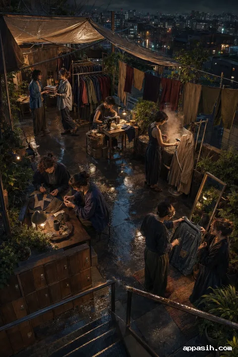 A rooftop clothing-swap and visible-mending club gathering beneath glowing canopies after a tropical evening rainstorm.