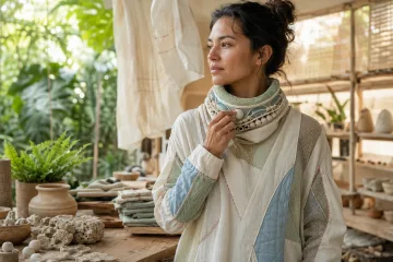 Potret landscape seorang perancang perangkat iklim personal mengenakan busana ringan berlapis dengan manik keramik dan saluran udara di studio material tropis.