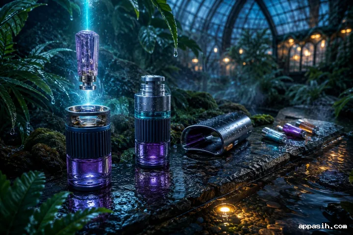 Cinematic modular fragrance system with an open smoked-glass vessel and suspended refill capsule in a rain-soaked tropical conservatory at blue hour.