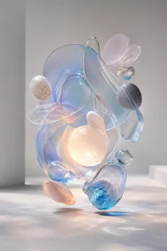 Portrait abstract composition of translucent biomorphic glass forms, inflated loops, and mineral shapes surrounding a luminous orb in pastel blue, lavender, peach, and cyan tones.