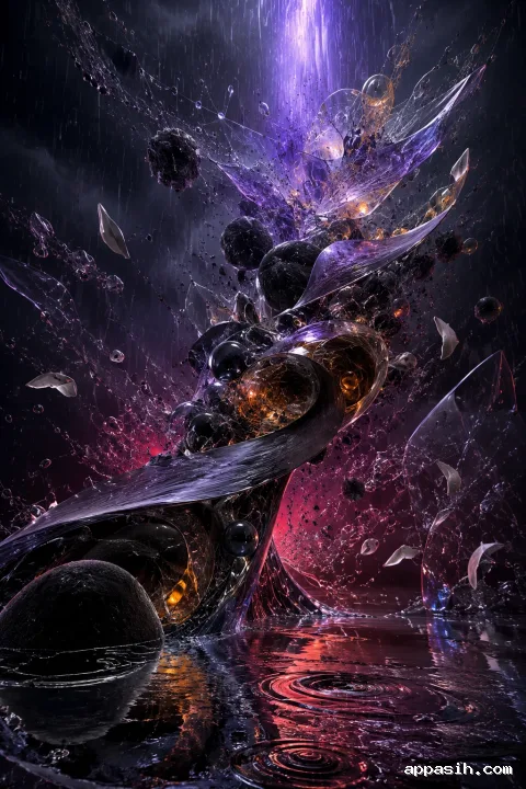Cinematic portrait abstract artwork of a monumental translucent ribbon structure twisting through a dark rain-filled chamber with obsidian bubbles, metallic threads, ultraviolet light, crimson haze, and molten amber glows.
