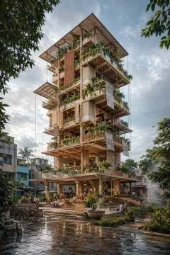 Portrait architectural visualization of a tropical community cooling tower with mass-timber terraces, terracotta screens, rainwater gardens, and residents gathering above a wet public plaza.