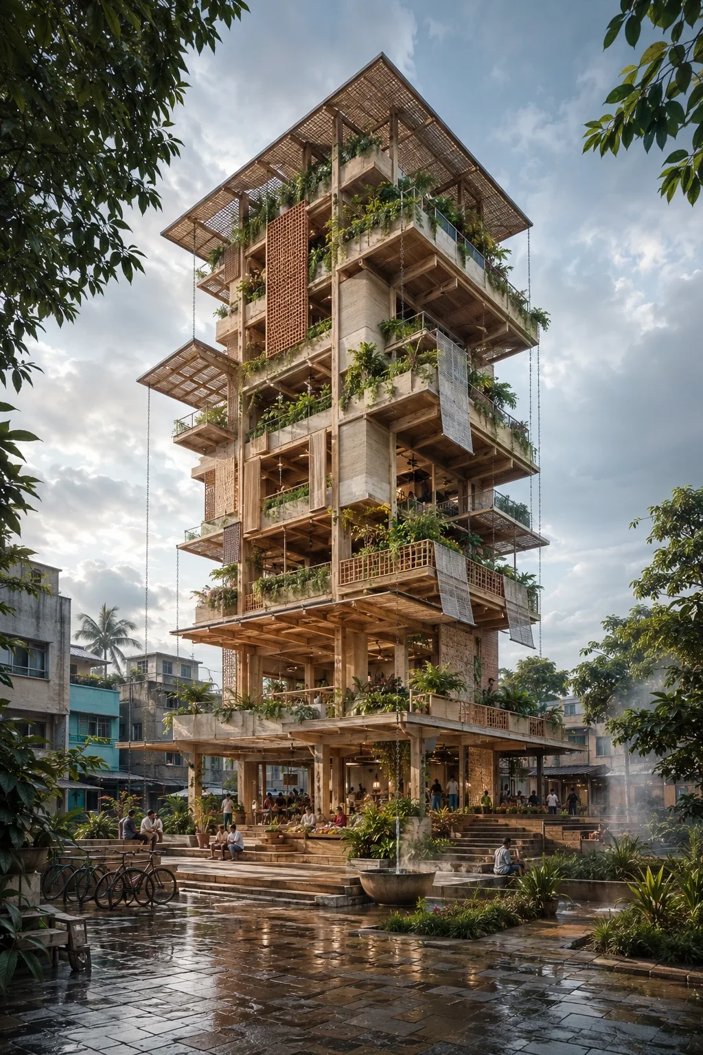 Portrait architectural visualization of a tropical community cooling tower with mass-timber terraces, terracotta screens, rainwater gardens, and residents gathering above a wet public plaza.