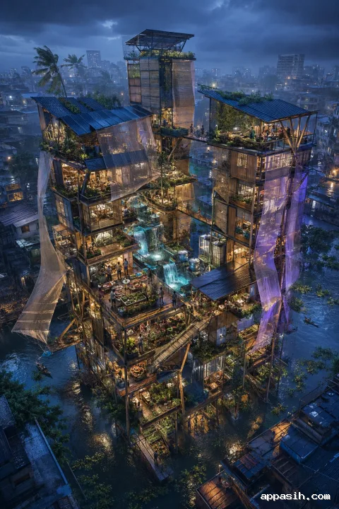 Dramatic portrait visualization of a three-volume monsoon refuge tower with timber exoskeletons, suspended gardens, glowing sky bridges, cascading rainwater, and elevated community spaces above a flooded tropical canal at blue hour.