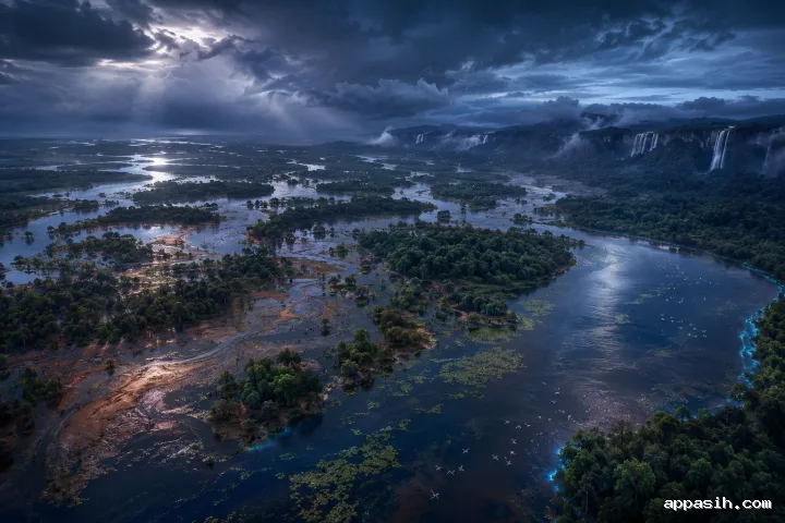 Aerial tropical river delta after a monsoon storm with regenerating mangroves, branching waterways, distant waterfalls, birds, and subtle bioluminescent shorelines at blue hour.
