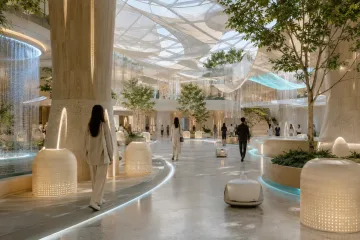 Futuristic public atrium using subtle edge intelligence, responsive fabric canopies, ceramic sensor pods, indoor trees, and screen-free adaptive technology.