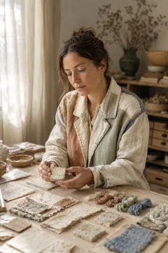 Portrait of an anonymous artisan with natural skin texture examining a cracked ceramic tile inside a softly lit tactile-material atelier.