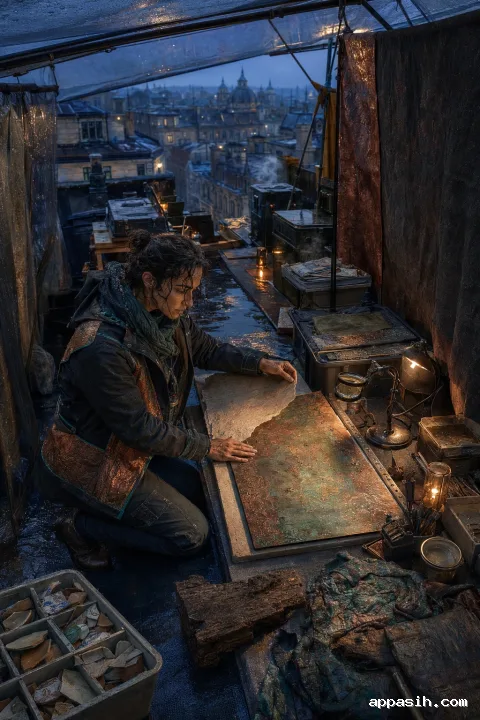 Full-length cinematic portrait of an anonymous material conservator comparing handmade fiber and weathered copper beneath a rain-covered rooftop canopy at blue hour.
