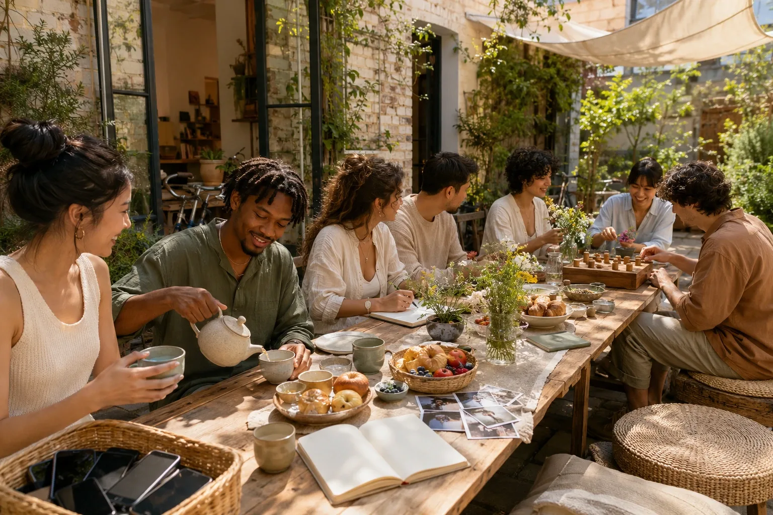 Friends gather around a communal breakfast table in a sunlit urban garden while enjoying analog hobbies and phone-free conversation.