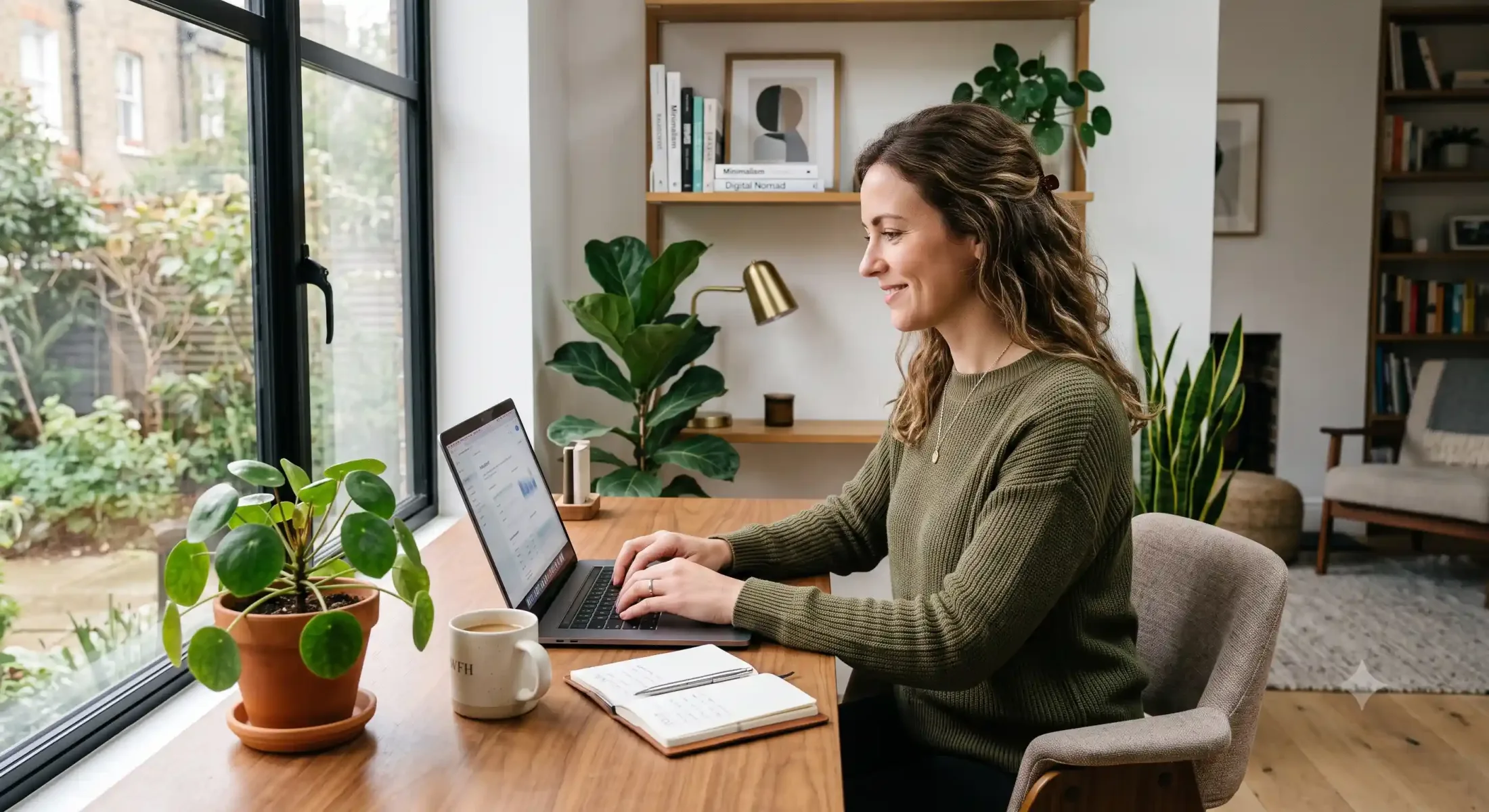 Modern remote work editorial concept with a professional working on a laptop in a stylish home office