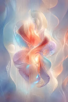 Abstract portrait composition with a luminous biomorphic form refracted through translucent ribbed glass in coral, mist blue, lavender, and ivory tones.