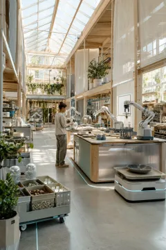 Anonymous technician working among compact autonomous tools in a bright plant-filled neighborhood microfactory powered by ambient edge intelligence.