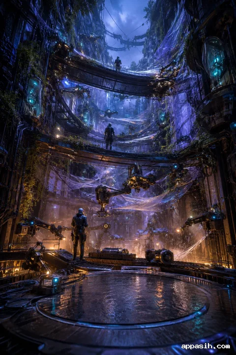 Low-angle view inside a rain-soaked vertical fabrication shaft where specialists and autonomous robotic systems manufacture infrastructure components during blue hour.