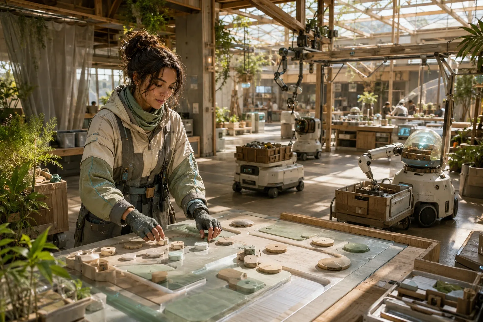 An original Agentic Workflow Conductor uses tactile tokens to coordinate compact autonomous robots inside a bright sustainable fabrication hall.