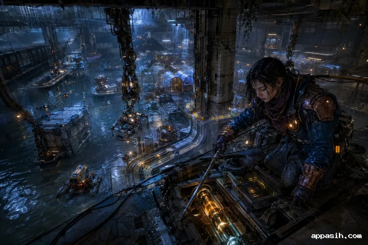 An Agentic Workflow Conductor redirects physical AI coordination capsules while autonomous robots repair a flooded underground transit interchange during a blue-hour storm.