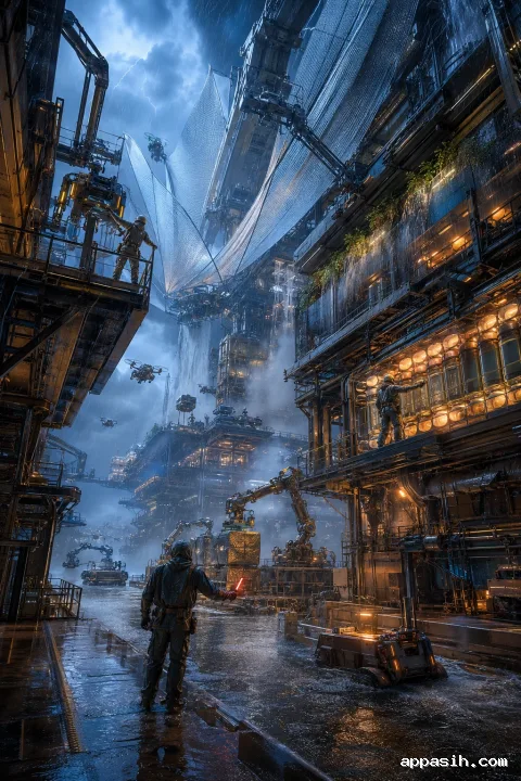 Three resilience engineers supervise autonomous machines producing emergency urban cooling infrastructure inside a colossal suspended foundry during a blue-hour supercell.