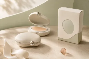Landscape product mockup of an unbranded pebble-shaped refillable solid-fragrance charm, an open compact, and a minimalist carton on an ivory studio surface.