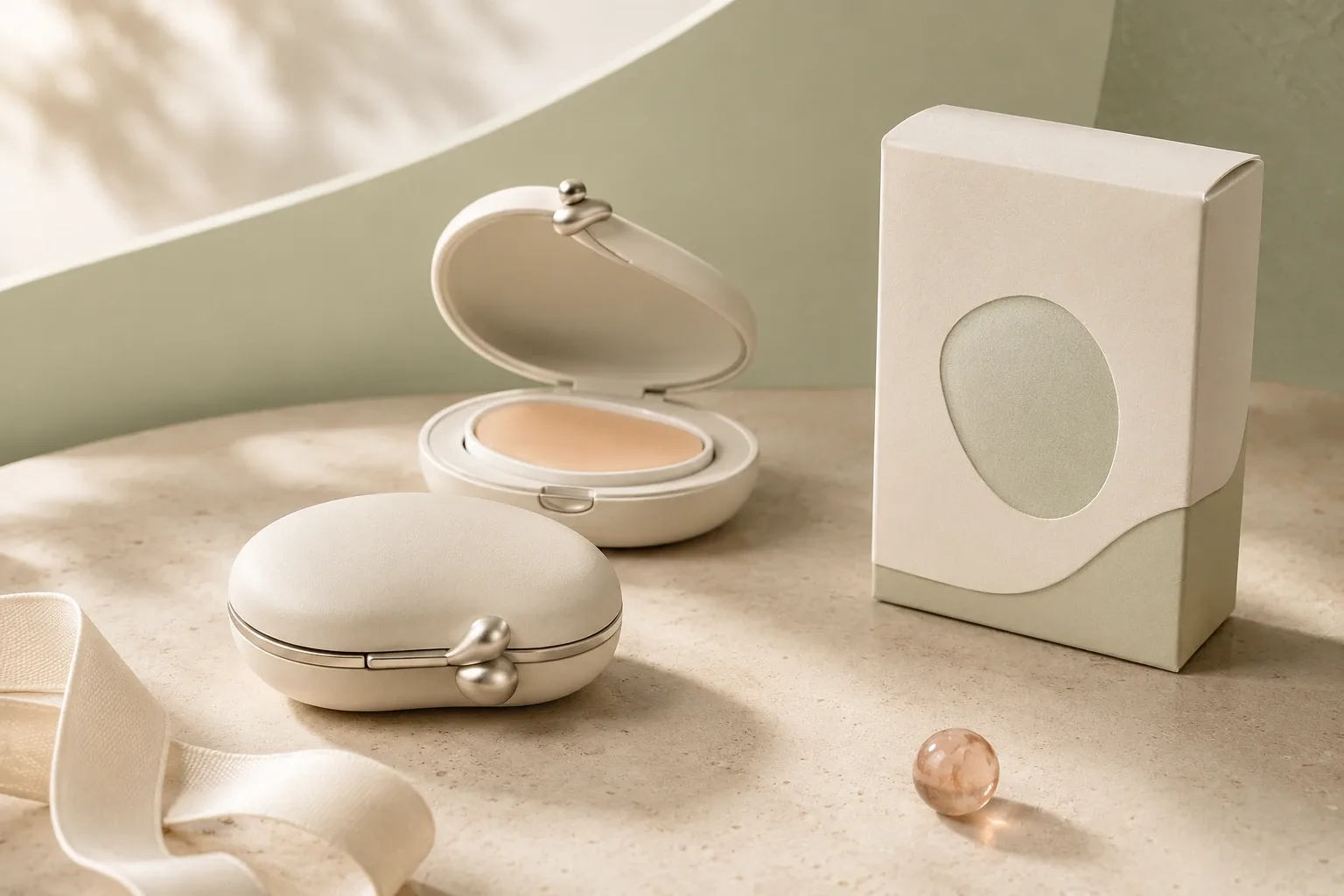 Landscape product mockup of an unbranded pebble-shaped refillable solid-fragrance charm, an open compact, and a minimalist carton on an ivory studio surface.