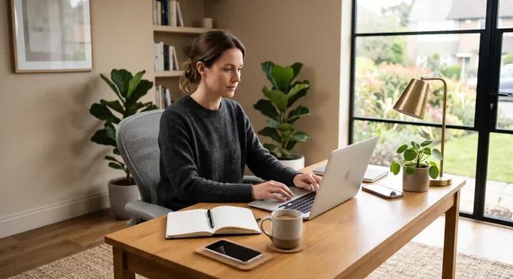 Premium editorial concept of a modern remote worker in a stylish home office with laptop and soft natural light