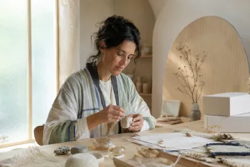 Landscape editorial portrait of an anonymous Analog Presence Keeper winding natural thread around a ceramic capsule in a calm sunlit tactile archive studio.
