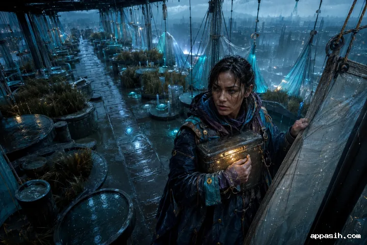Cinematic high-angle landscape portrait of an anonymous Analog Presence Keeper protecting tactile artifacts while crossing a flooded elevated garden during a blue-hour rainstorm.