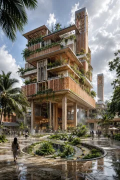 Portrait architectural visualization of a tropical climate-adaptive civic tower with terracotta screens, timber terraces, vertical gardens, wind chimneys, and a rainwater plaza beneath clearing monsoon clouds.