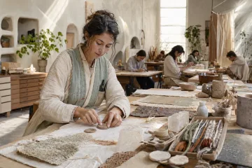 Anonymous Human Trace Conservator pressing a fingerprint into clay at a sunlit communal atelier filled with handmade paper, textiles, ceramic objects, and people practicing analog crafts.