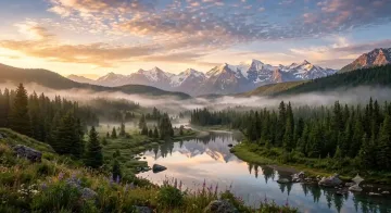 Majestic mountain valley at sunrise with golden light, mist, pine forest, and calm river reflection