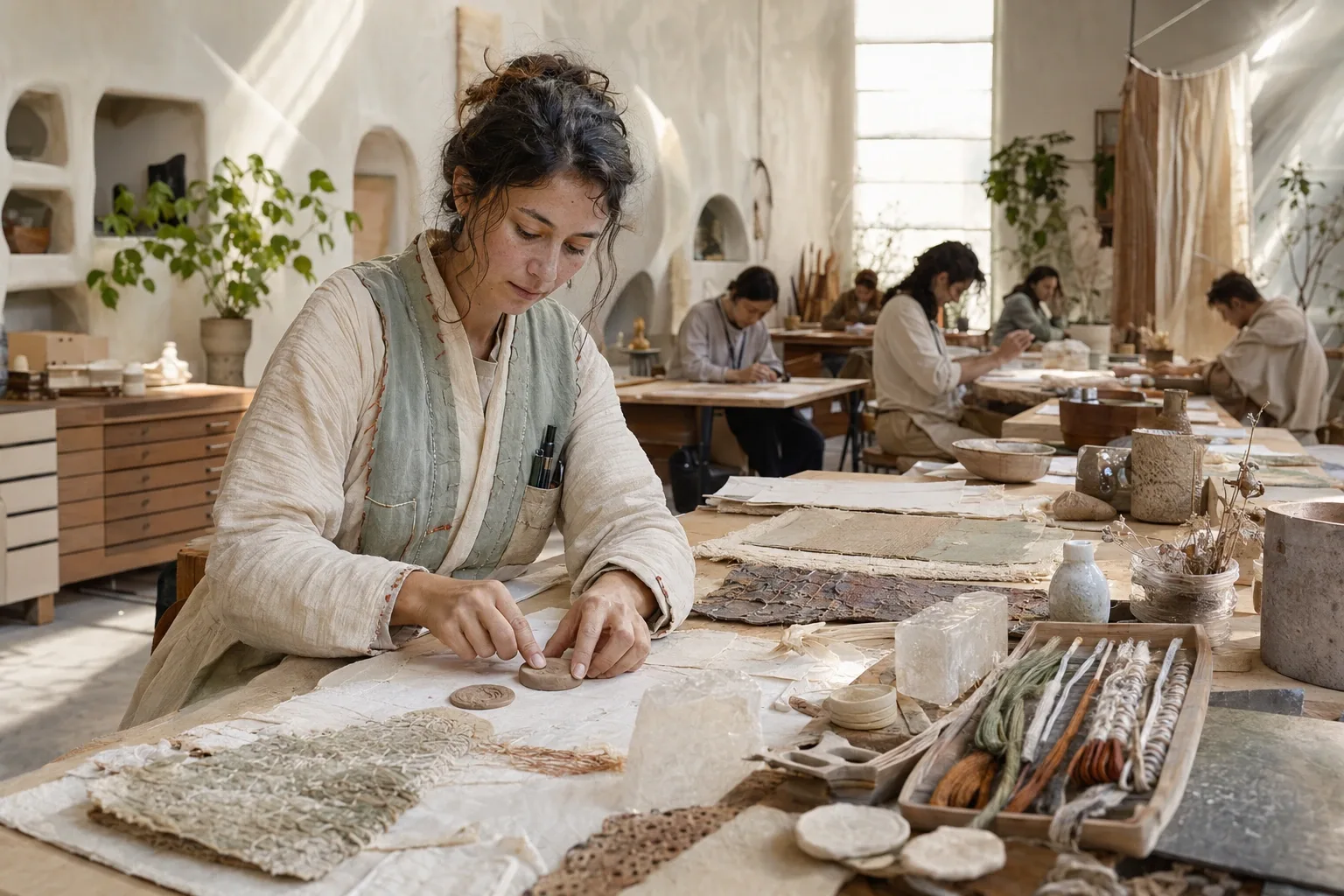 Anonymous Human Trace Conservator pressing a fingerprint into clay at a sunlit communal atelier filled with handmade paper, textiles, ceramic objects, and people practicing analog crafts.